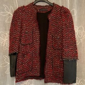 Zara red black and white boucle jacket with vegan leather sleeves